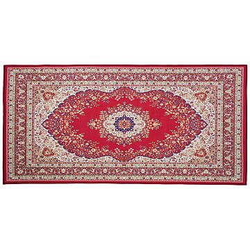 Area Rug Carpet Red Multicolour Polyester Fabric Floral Oriental Pattern Rubber Coated Bottom 80 X 150 Cm Beliani