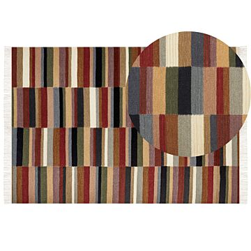 Kilim Area Rug Multicolour Wool 160 X 230 Cm Hand Woven Flat Weave Geometric Pattern With Tassels Traditional Living Room Bedroom Beliani