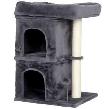 Pawhut 66 Cm Small Cat Tree For Large Cats, Cat Tower W/ Large Top Perch, 2 Condos, Sisal Scratching Post, Toy Ball, Dark Grey
