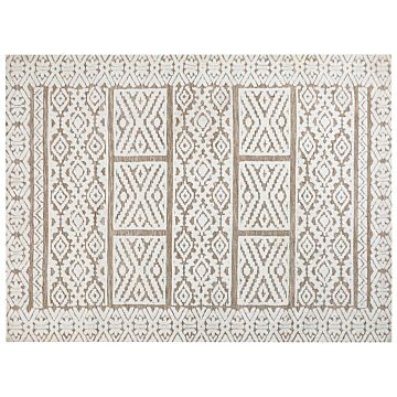 Area Rug Off-white And Beige Polyester 300 X 400 Cm Abstract Pattern Motif Living Room Bedroom Modern Design Beliani