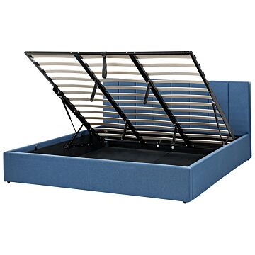 Bed Frame Blue Fabric Upholstery Eu Super King Size 6ft Lift Up Storage With Headboard And Slatted Base Beliani