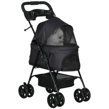 Pawhut Pet Stroller, Foldable Cat Dog Pushchair, Pet Travel Carriage With 4 Wheels, Adjustable Canopy, Safety Leashes, Storage Basket And Cup Holder For Small Dogs, Black