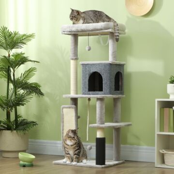 Pawhut 132cm Cat Tree W/ Scratching Posts, Pad, Cat Bed, Cat House, Jumping Platform, Grooming Brush, Anti-tip Kit, Light Grey