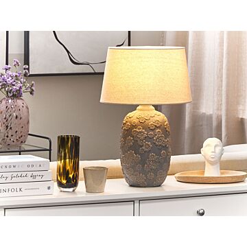 Table Lamp Grey And Beige Ceramic 46 Cm Floral Pattern Empire Shade Bedside Living Room Bedroom Lighting Beliani