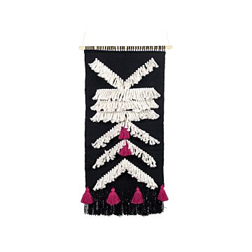 Wall Hanging Black And White Cotton Handwoven With Tassels Geometric Pattern Wall Décor Hanging Decoration Boho Style Living Room Bedroom Beliani