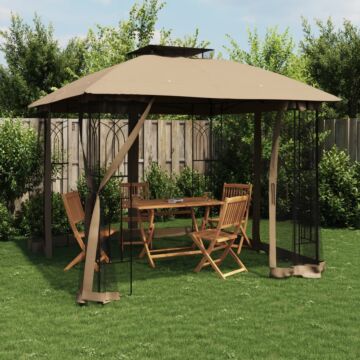 Vidaxl Gazebo With Double Roof And Mesh Walls Taupe 2.94x2.94 M Steel