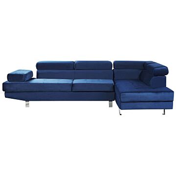 Corner Sofa Navy Blue Velvet L-shaped 5 Seater Adjustable Headrests And Armrests Modern Living Room Couch Beliani