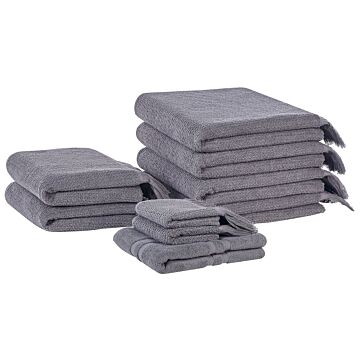 Set Of 9 Bath Towels Grey Terry Cotton Polyester Tassels Texture Bath Towels Beliani