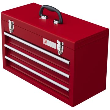 Durhand Lockable Metal Tool Box, 3 Drawer Tool Chest With Latches, Handle, Ball Bearing Runners, Red