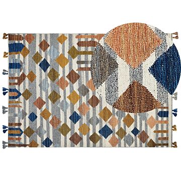 Kilim Area Rug Multicolour Wool And Cotton 160 X 230 Cm Handmade Woven Boho Geometric Pattern With Tassels Beliani