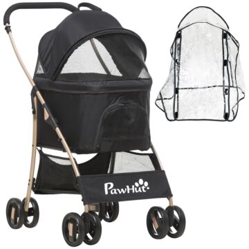 Pawhut Detachable Pet Stroller With Rain Cover, 3 In 1 Cat Dog Pushchair, Foldable Carrying Bag W/ Universal Wheels, Brake, Canopy, Basket, Storage Bag For Small And Tiny Dogs - Black