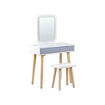 Dressing Table Set White Manufactured Wood Top Wooden Legs Led Mirror With Storage And 2 Drawers Beliani