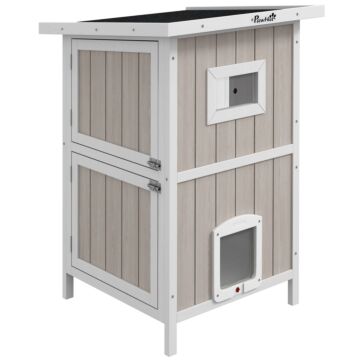 Pawhut Outdoor 2 Tiers Wooden Cat Shelter W/ Removable Bottom, Escape Doors, Asphalt Roof, For 1-2 Cats - Light Grey