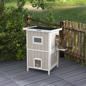 Pawhut Outdoor 2 Tiers Wooden Cat Shelter W/ Removable Bottom, Escape Doors, Asphalt Roof, For 1-2 Cats - Light Grey