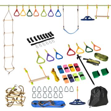 Outsunny Kids Ninja Warrior Obstacle Course, 42.6 Ft Children Slackline Training Equipment W/ Monkey Bars, Rope Ladder, Swing, Gym Rings, Carry Bag