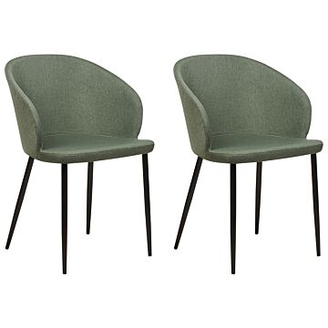 Set Of 2 Dining Chairs Dark Green Fabric Upholstered Black Legs Retro Style Living Space Furniture Beliani