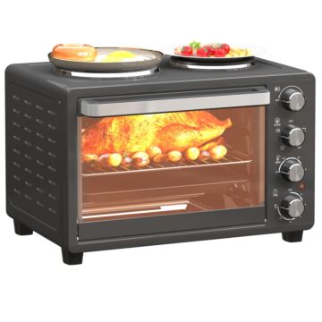 Homcom 28l Mini Oven With 2 Hot Plates, Countertop Toaster Oven, Grill, Roast, Bake, Boil, With Timer, Adjustable Temperature, Electric Oven With Baking Tray, Grill Rack, Crumb Tray, 2600w, Black