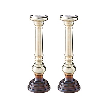 Set Of 2 Candle Holders Golden Glass Iridescent Effect 40 Cm Candle Sticks Classic Beliani