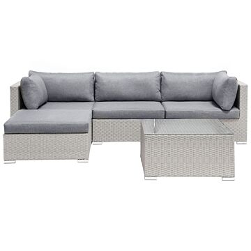 2 Piece Garden Sofa Set Beige W/ Grey Cushions 5 Seater Right Hand Corner Coffee Table Beliani
