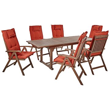 Garden Dining Set Dark Solid Acacia Wood Extending Table 6 Chairs With Red Cushions Adjustable Backrest Folding Rustic Style Beliani