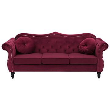 Sofa Red Velvet 3 Seater Nailhead Trim Button Tufted Throw Pillows Rolled Arms Glam Beliani