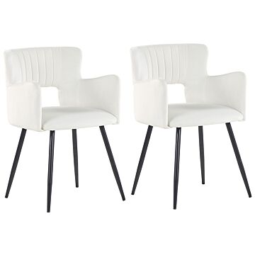 Set Of 2 Chairs Dining Chair Cream Velvet With Armrests Cut-out Backrest Black Metal Legs Beliani
