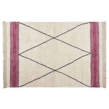 Area Rug Beige And Pink Cotton 140 X 200 Cm Rectangular With Tassels Geometric Pattern Boho Style Beliani