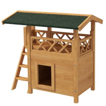 Pawhut Cat House Outdoor W/ Balcony Stairs Roof, 77 X 50 X 73 Cm, Natural