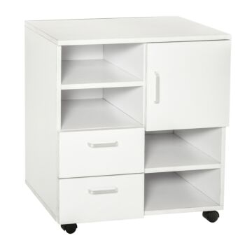 Homcom Mobile Storage Cabinet Sideboard Cupboard With Drawers 4 Shelves Lockable Wheels White