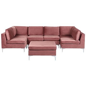Modular Sofa Pink Velvet U Shape 6 Seater With Ottoman Silver Metal Legs Glamour Style Beliani