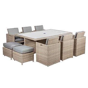 Wentworth 10 Seater Cube Set
195x125cm Table With Parasol Hole, 6 Cube Chairs With Folding Backrest, 4 With Integral Stools Including Cushions