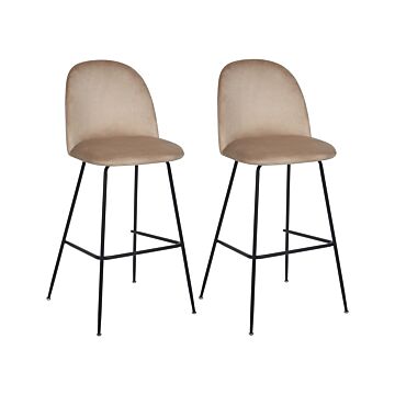 Set Of 2 Bar Chairs Taupe Beige Velvet Upholstery Black Steel Frame Counter Height Seat Dining Room Furniture Glam Design Beliani