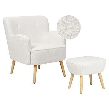 Armchair White Boucle Upholstery Footstool Wooden Legs Solid Pattern Retro Boho Living Room Beliani