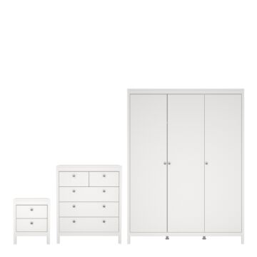 Madrid 3 Piece Bundle, Bedside, Chest And 3 Door Wardrobe In White