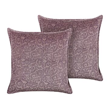 Set Of 2 Decorative Cushions Pink Velvet And Cotton 45 X 45 Cm Floral Pattern Block Printed Boho Decor Accessories Beliani