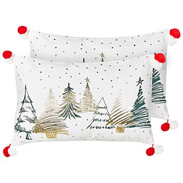 Set Of 2 Scatter Cushions White 30 X 50 Cm Christmas Tree Pattern Cotton Removable Covers Living Room Bedroom Beliani