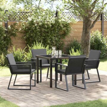 Vidaxl 5 Piece Garden Dining Set With Cushions Black Poly Rattan