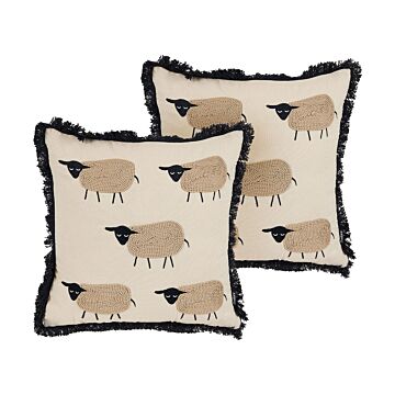 Set Of 2 Decorative Cushions Beige Coton 45 X 45 Cm Scatter Toss Sheep Motif Pillow Print Minimalist Modern Decor Accessories Beliani