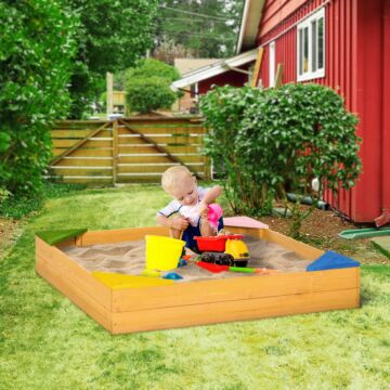 Outsunny Kids Wooden Sand Pit, Children Sandbox, With Four Seats, Non-woven Fabric, For Gardens, Playgrounds