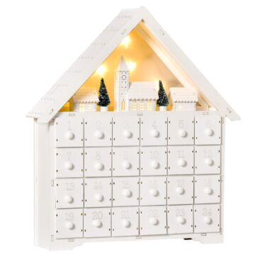 Homcom Christmas Advent Calendar, Light Up Table Xmas Wooden House Holiday Decoration With Countdown Drawer, Village, For Kids Adults, White