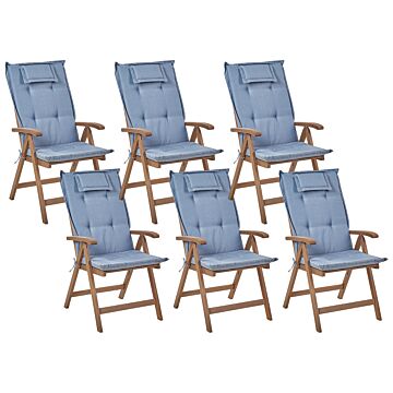Set Of 6 Garden Chair Dark Acacia Wood Natural With Blue Cushions Adjustable Foldable Outdoor With Armrests Country Rustic Style Beliani