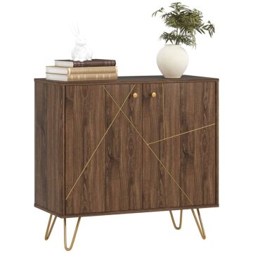 Homcom Sideboard Storage Cabinet With Golden Steel Lines, Modern Rustic Kitchen Buffet Cabinet With Adjustable Shelf Steel Legs For Living Room Dining Room, Brown