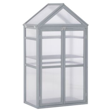 Outsunny 3-tier Wooden Cold Frame Greenhouse Garden Polycarbonate Grow House W/ Adjustable Shelves, Double Doors, 80 X 47 X 138cm, Grey