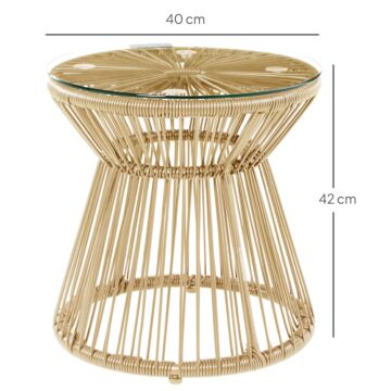 Outsunny Round End Table, Rattan Side Table, Hollow Drum Design Coffee Table W/ Glass Tabletop For Patio, Garden, Balcony Natural