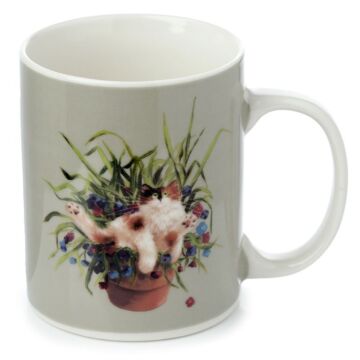 Kim Haskins Cat In A Plant Pot Green Porcelain Mug