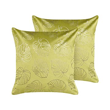 Set Of 2 Decorative Cushions Light Green Velvet 45 X 45 Cm Leaf Print Glamour Decor Accessories Beliani