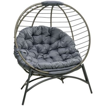 Outsunny Folding Rattan Egg Chair, Freestanding Basket Chair With Cushion, Bottle Holder Bag For Outdoor Or Indoor, Grey And Black