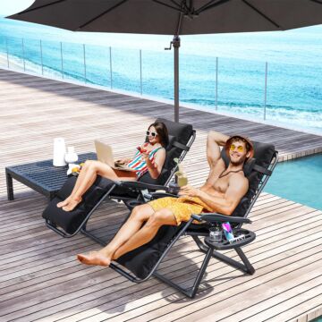 Outsunny Set Of Two Reclining Sun Loungers, With Cushion - Black