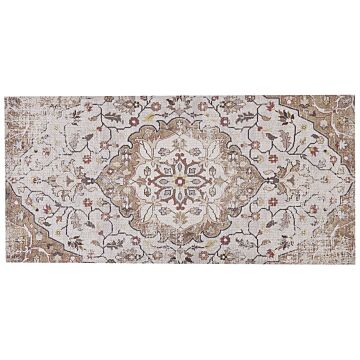 Area Rug Beige And Brown Polyester And Cotton Handwoven Printed Floral Distressed Oriental Pattern Beliani