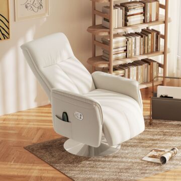 Homcom Massage Recliner Chair With Footstool, Upholstered Reclining Armchair With Adjustable Backrest And Steel Frame, Breathable Linen Fabric Swivel Chair For Living Room, Bedroom, Cream White